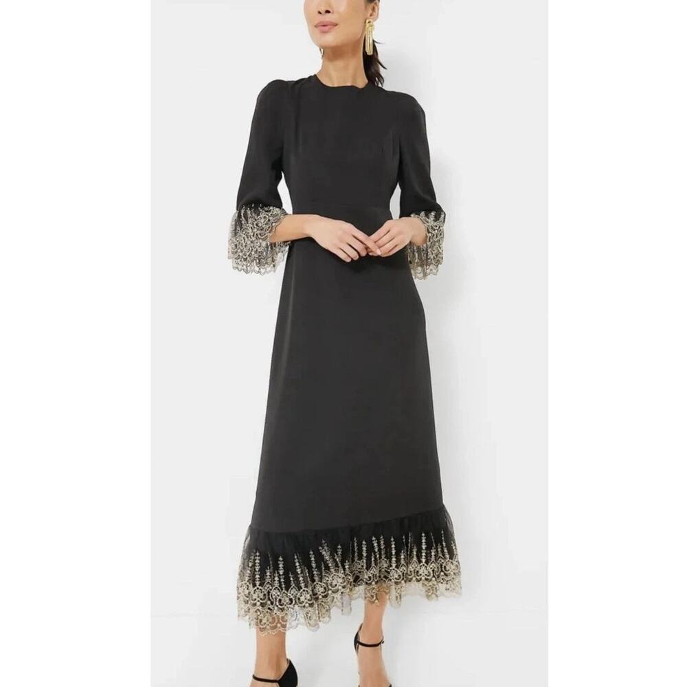 NWT Pomander Place Lilith Dress Lace Trim Midi Cocktail Black Gold Womens Size L